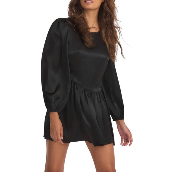 LOVESHACKFANCY Satin Mini Dress Black Dark Whimsigoth Puff Sleeve NWT 6 - Picture 1 of 9